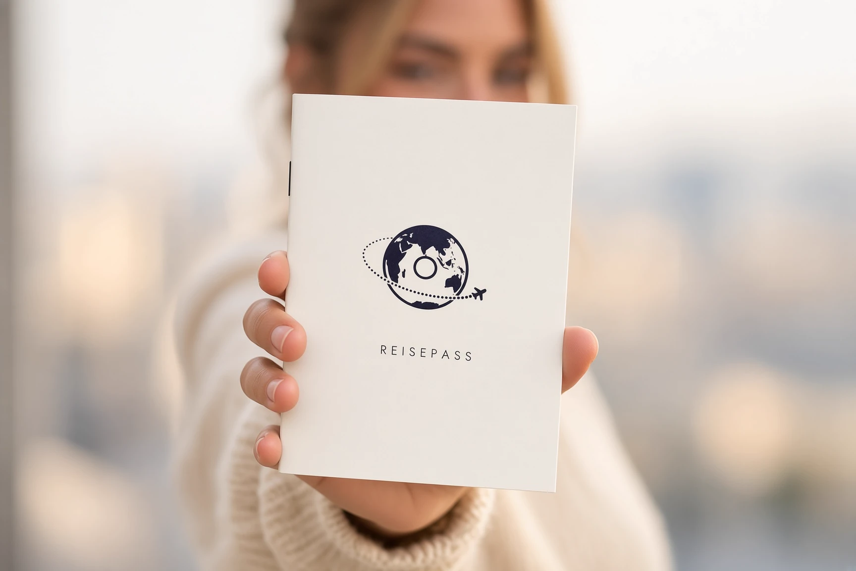 Eine Frau hält den MysterySnack-Reisepass mit dem Weltkugel-Logo in die Kamera